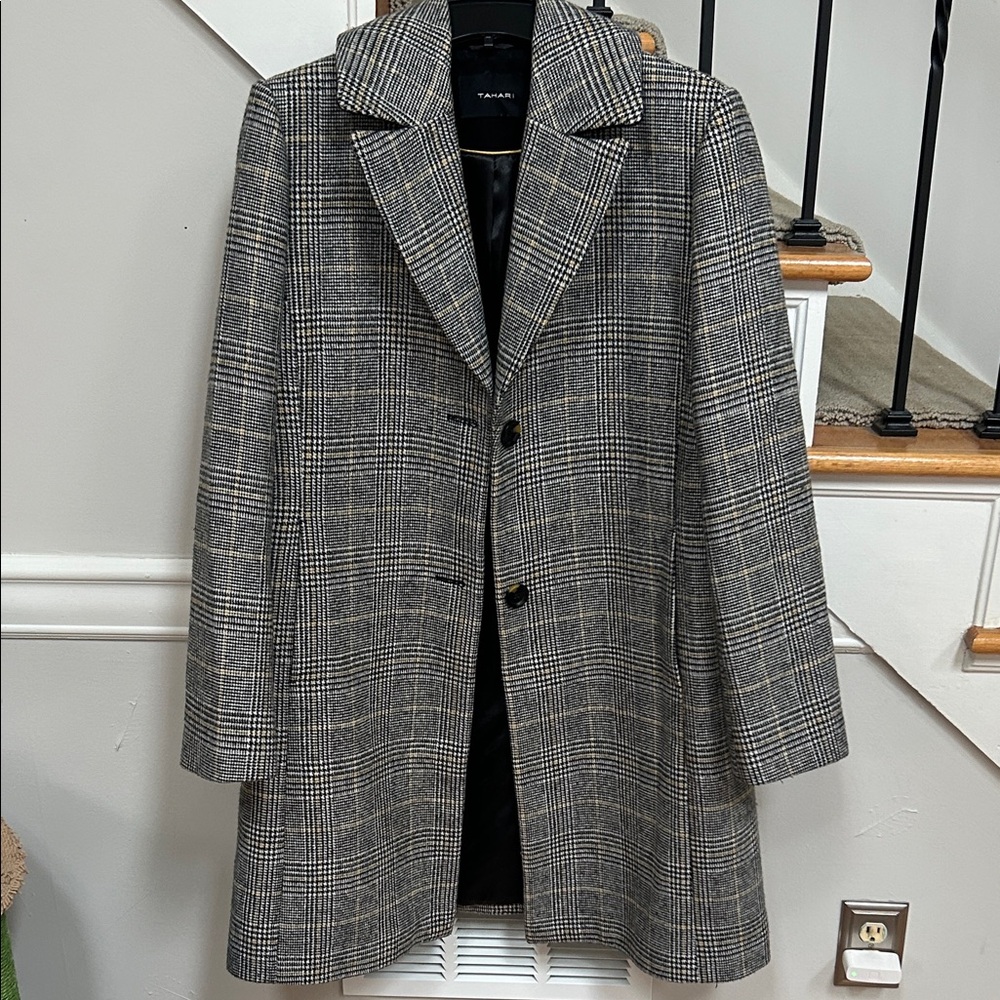 Tahari Black and Gray Plaid Pea Coat